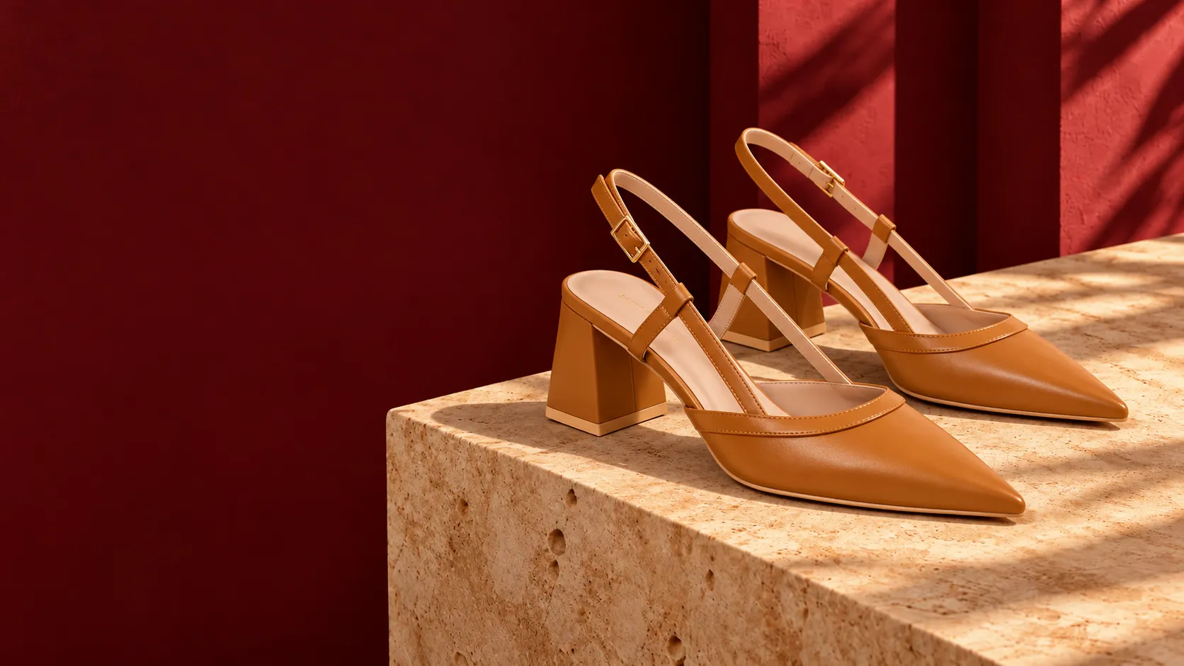 Zapatos de tacón Russo sobre piedra y fondo cereza.